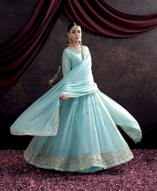 Beautiful Georgette Sequence Work Sky Blue Color Gown