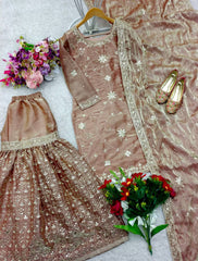 Wonderful Heavy Work Peach Color Shining Sharara Suit