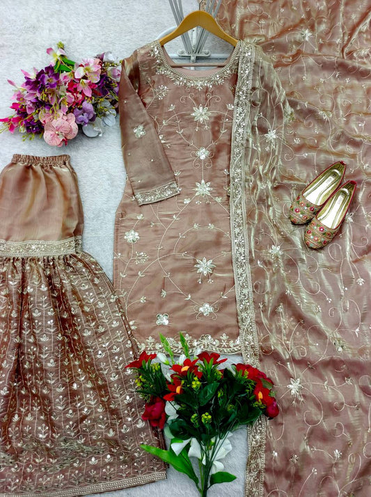 Wonderful Heavy Work Peach Color Shining Sharara Suit