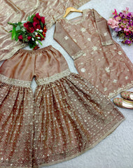 Wonderful Heavy Work Peach Color Shining Sharara Suit