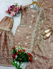 Wonderful Heavy Work Peach Color Shining Sharara Suit