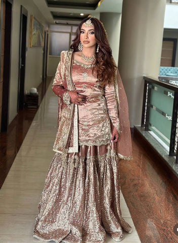 Wonderful Heavy Work Peach Color Shining Sharara Suit