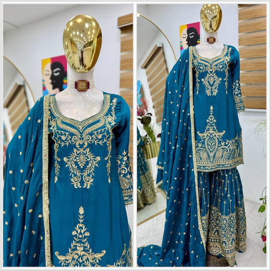 Designer Heavy Sequence Work Blue Sharara Suit
