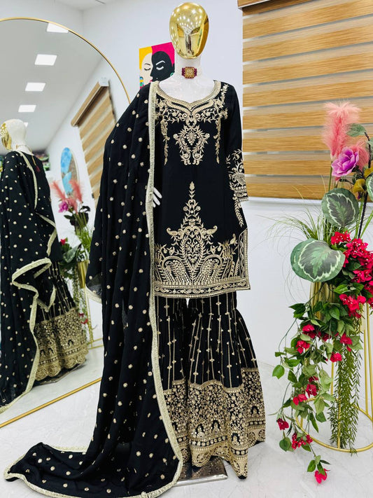 Designer Heavy Sequence Work Black Sharara Suit