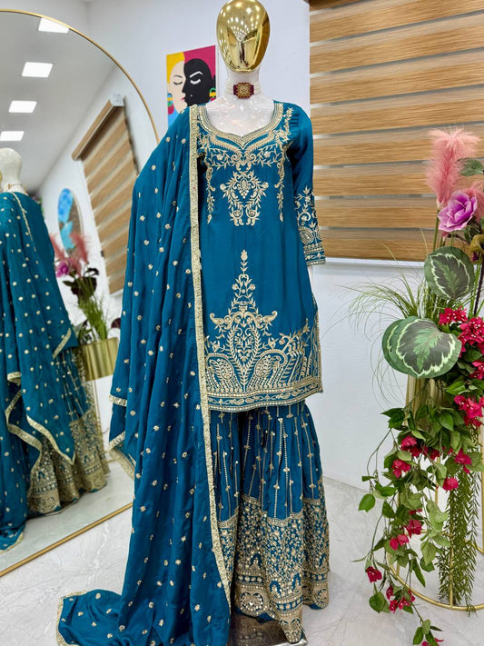 Designer Heavy Sequence Work Blue Sharara Suit