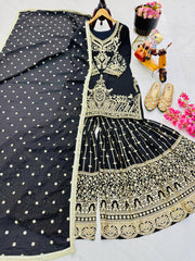 Designer Heavy Sequence Work Black Sharara Suit