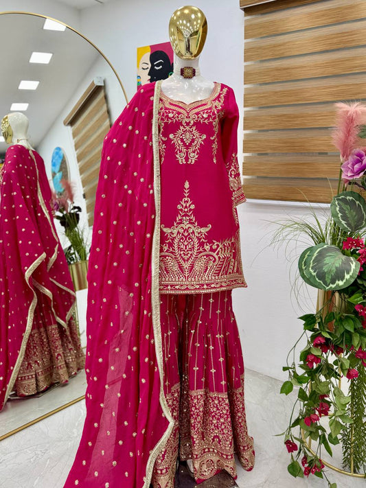 Designer Heavy Sequence Work Pink Sharara Suit