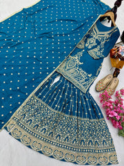 Designer Heavy Sequence Work Blue Sharara Suit