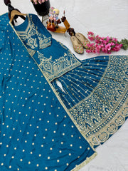 Designer Heavy Sequence Work Blue Sharara Suit