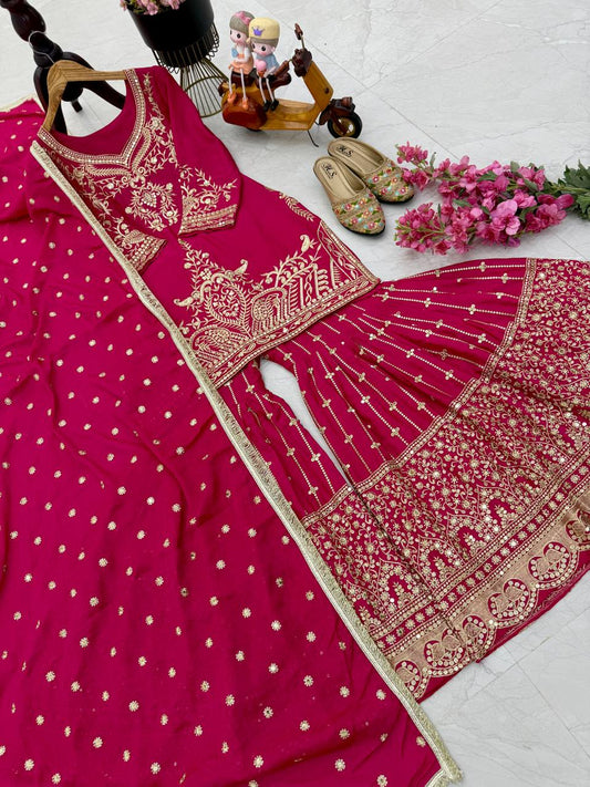 Designer Heavy Sequence Work Pink Sharara Suit