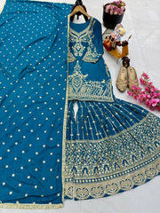 Designer Heavy Sequence Work Blue Sharara Suit