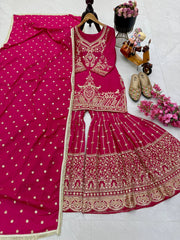 Designer Heavy Sequence Work Pink Sharara Suit