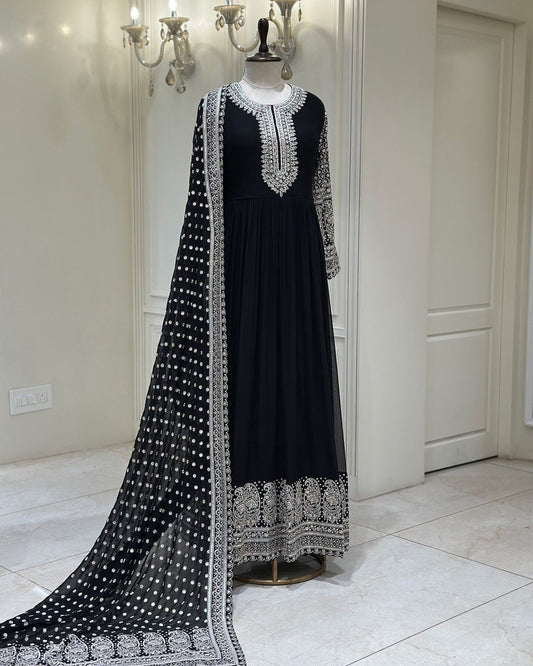 Black Color Thread With Sequence Work Anarkali Gown