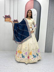 Function Wear Off White Color Lehenga Choli With Navy Blue Dupatta