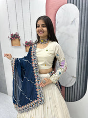 Function Wear Off White Color Lehenga Choli With Navy Blue Dupatta