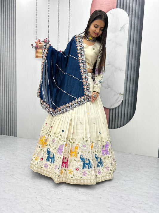 Function Wear Off White Color Lehenga Choli With Navy Blue Dupatta