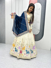 Function Wear Off White Color Lehenga Choli With Navy Blue Dupatta
