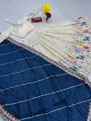 Function Wear Off White Color Lehenga Choli With Navy Blue Dupatta