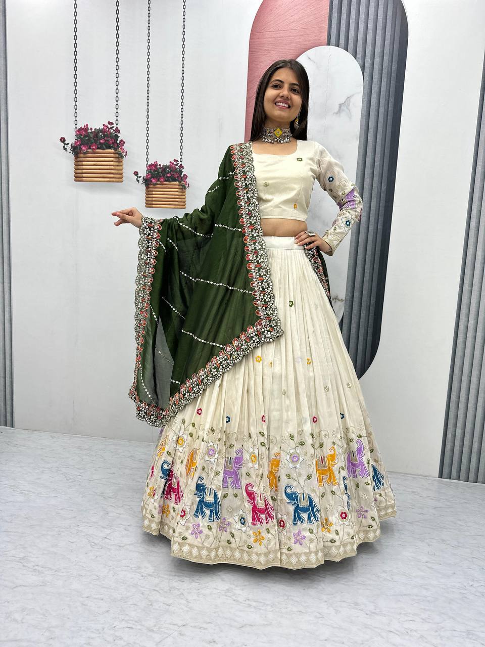 Function Wear Off White Color Lehenga Choli With Mehndi Dupatta
