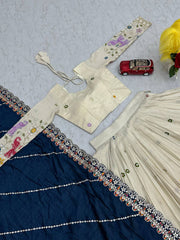 Function Wear Off White Color Lehenga Choli With Navy Blue Dupatta