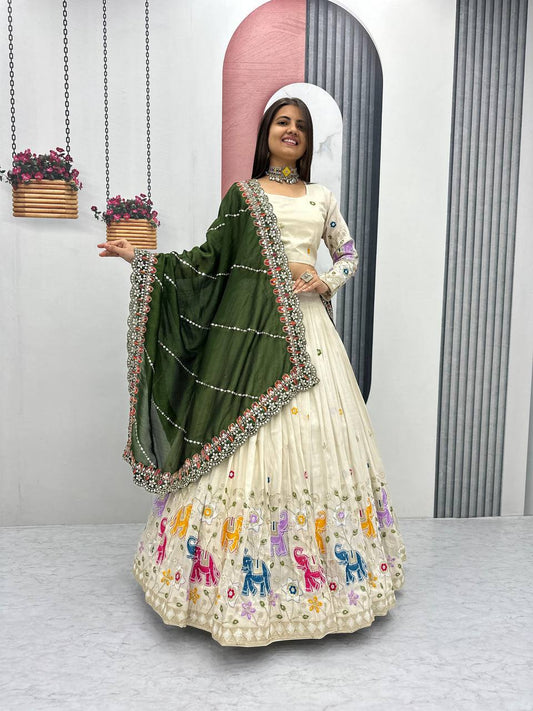 Function Wear Off White Color Lehenga Choli With Mehndi Dupatta