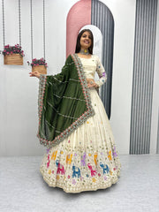 Function Wear Off White Color Lehenga Choli With Mehndi Dupatta