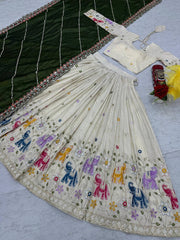 Function Wear Off White Color Lehenga Choli With Mehndi Dupatta