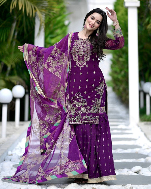 Function Wear Sequence And Thread Work Purple Color Sharara Suit
