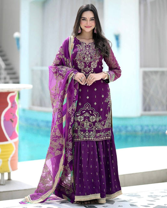 Function Wear Sequence And Thread Work Purple Color Sharara Suit