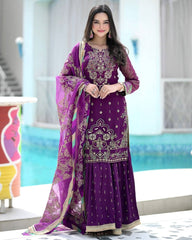 Function Wear Sequence And Thread Work Purple Color Sharara Suit
