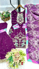 Function Wear Sequence And Thread Work Purple Color Sharara Suit