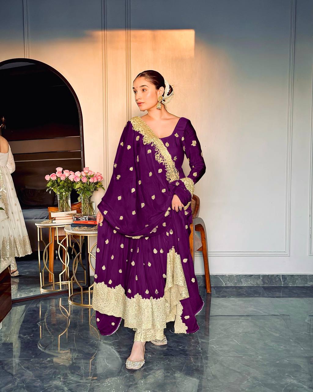 Adorable Chinon Silk Purple Color Sequence Work Gown