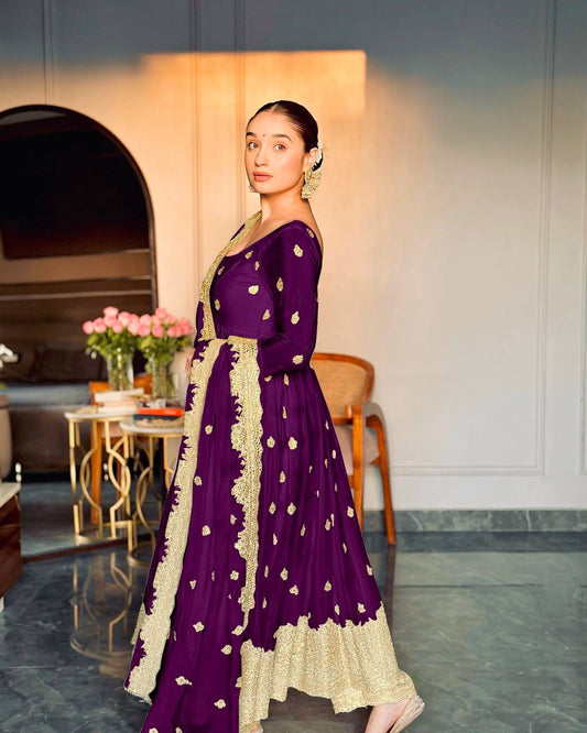 Adorable Chinon Silk Purple Color Sequence Work Gown