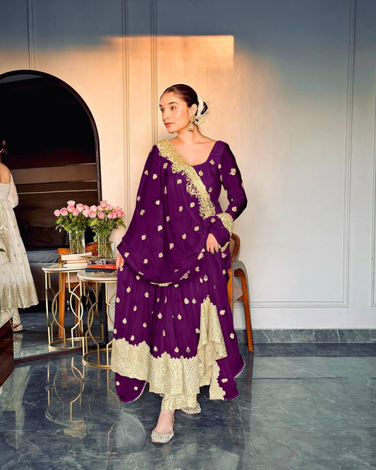 Adorable Chinon Silk Purple Color Sequence Work Gown