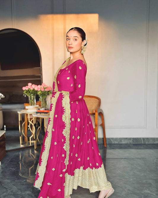 Adorable Chinon Silk Pink Color Sequence Work Gown