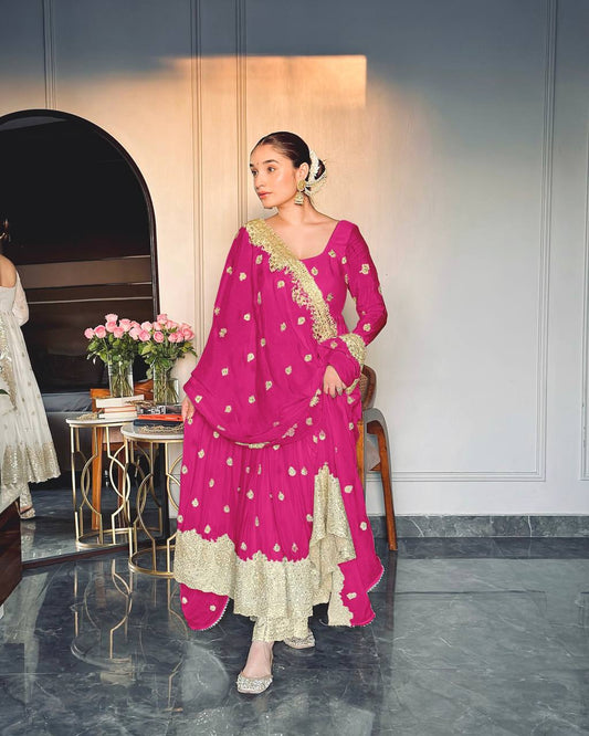Adorable Chinon Silk Pink Color Sequence Work Gown