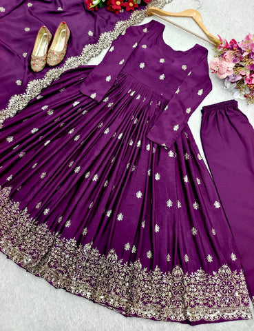 Adorable Chinon Silk Purple Color Sequence Work Gown