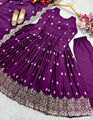 Adorable Chinon Silk Purple Color Sequence Work Gown