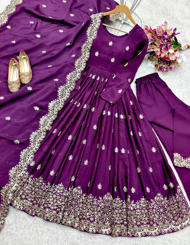 Adorable Chinon Silk Purple Color Sequence Work Gown