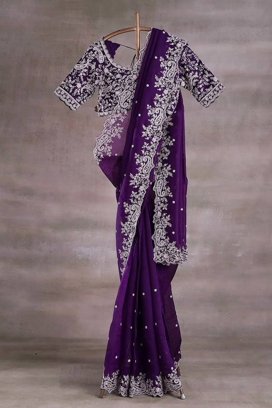 Heavy Embroidery Work Purple Color Saree