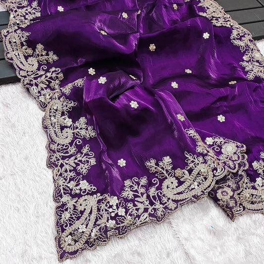 Heavy Embroidery Work Purple Color Saree