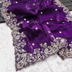 Heavy Embroidery Work Purple Color Saree