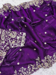Heavy Embroidery Work Purple Color Saree