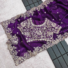 Heavy Embroidery Work Purple Color Saree