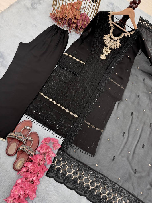 Fantastic Embroidery Sequence Work Black Color Palazzo Suit