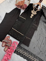 Fantastic Embroidery Sequence Work Black Color Palazzo Suit