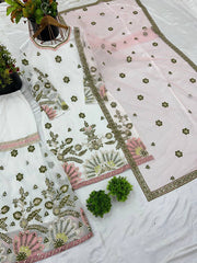 White Color Embroidery Sequence Work Sharara Suit