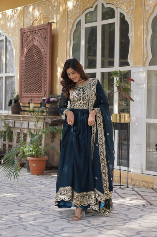 Function Wear Heavy Embroidery Work Navy Blue Color Gown