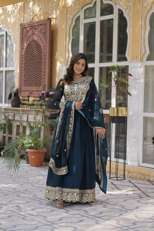 Function Wear Heavy Embroidery Work Navy Blue Color Gown