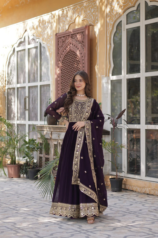 Function Wear Heavy Embroidery Work Wine Color Gown
